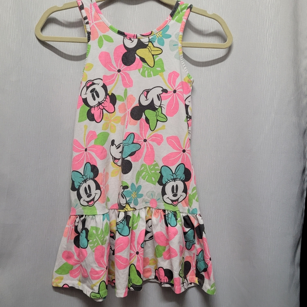Disney Minnie Mouse Neon Pink Green Aqua Tropical Flower Dress Girl's Medium 7/8